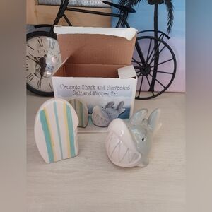 New Whimsical Big Bite Shark and Surfboard Ceramic Salt and Pepper Shaker Set